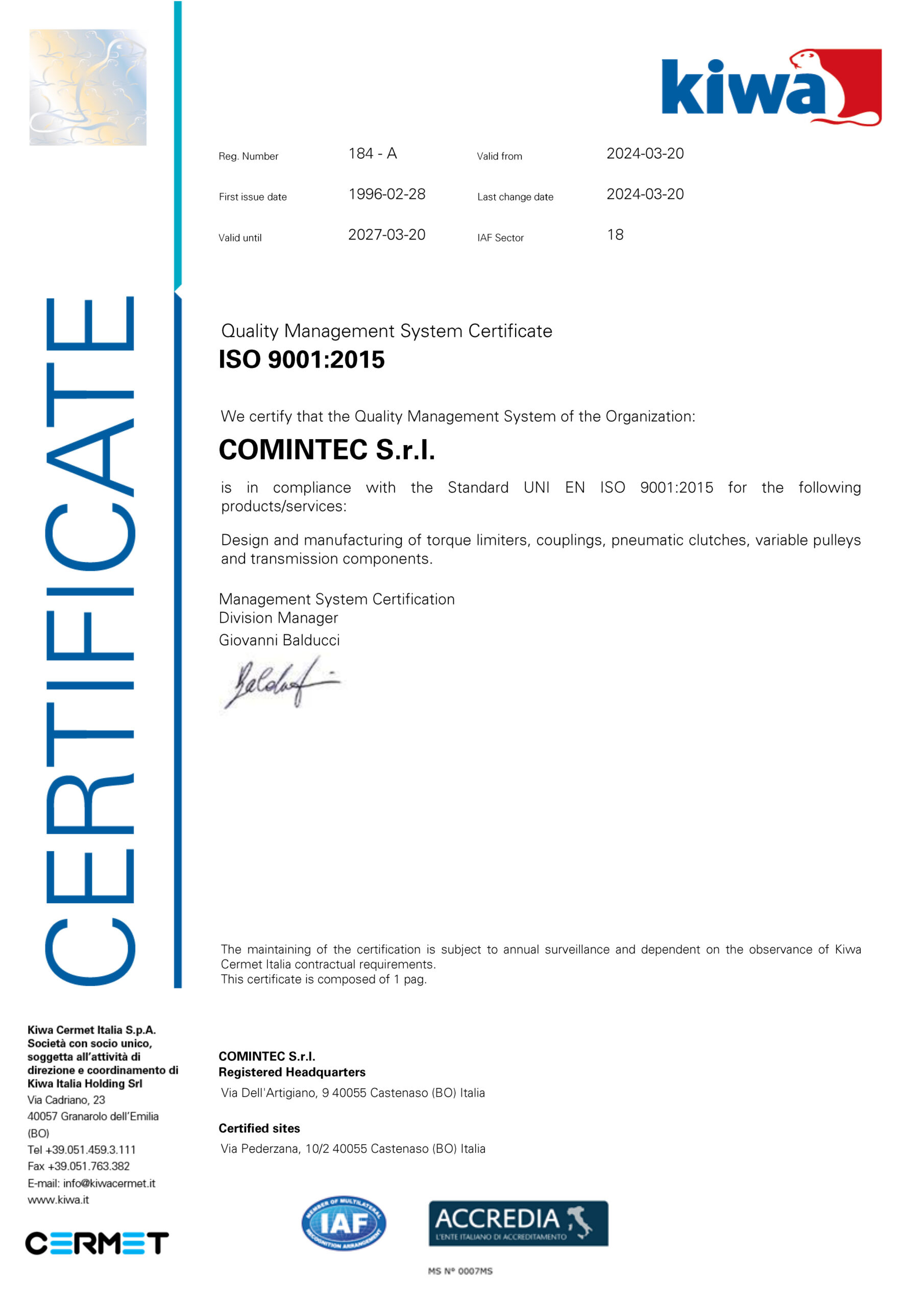 Certificate UNI ISO 9001:2015