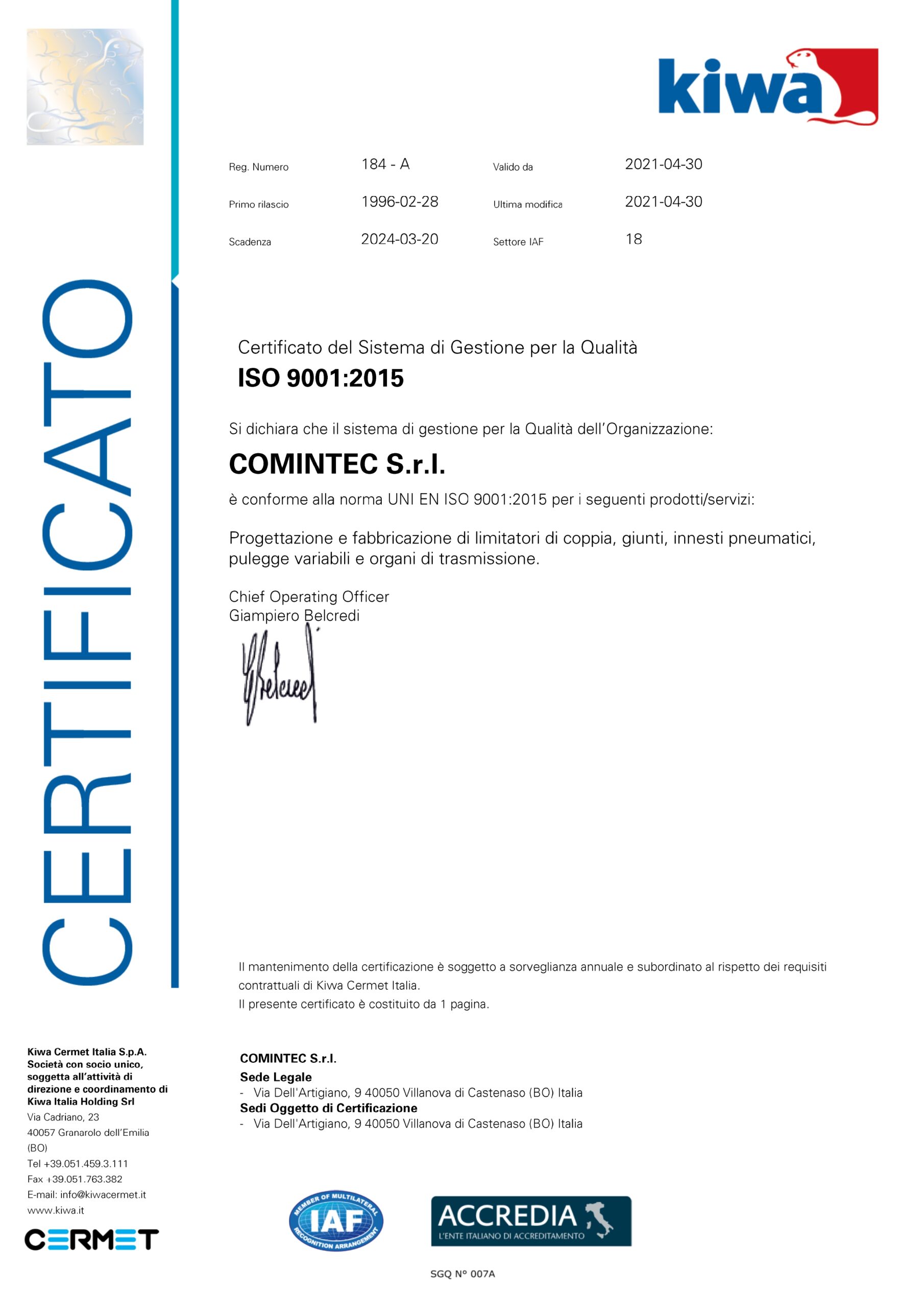 Certificato UNI ISO 9001:2015